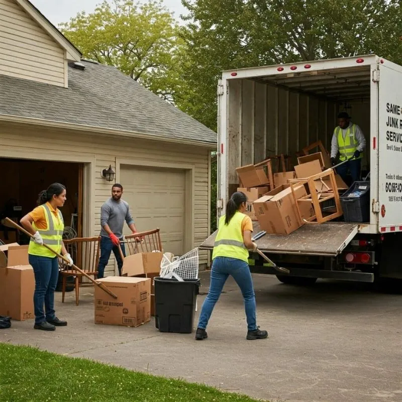 Crew in safety vests loading boxes and old furniture from a garage into a junk removal truck
