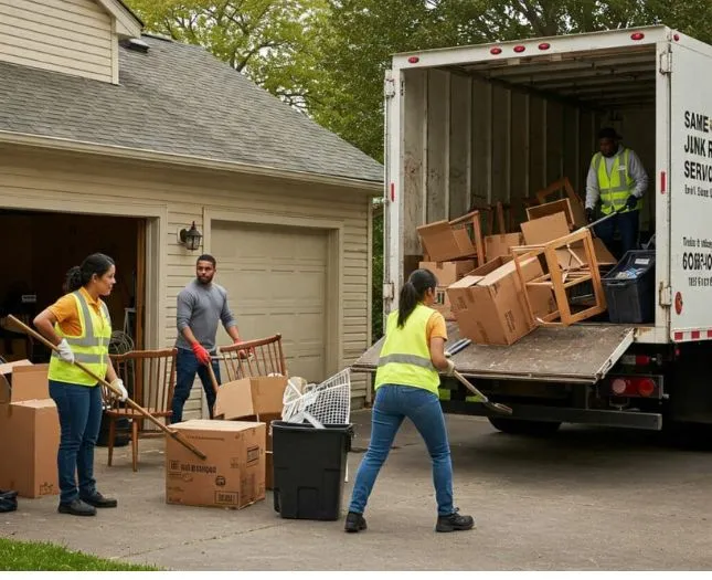 ShanAntonio crew in safety vests loading boxes and old furniture into a junk removal truck